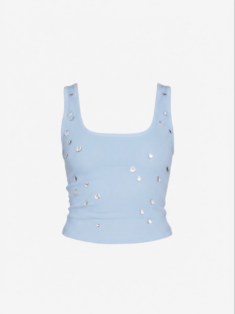 Embellished Sky Blue Ribbed Tank Top